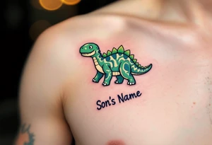 A tiny dinosaur in green and grey, with the son’s nickname written in playful bold font beneath. tattoo idea