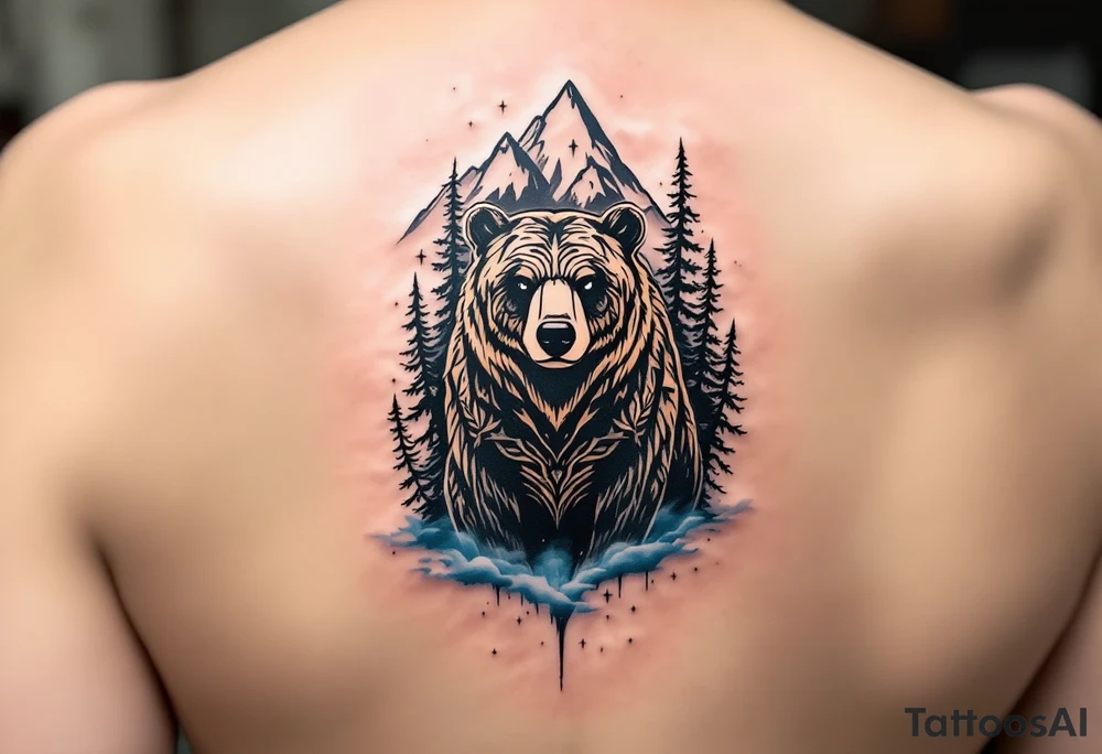 A powerful, majestic bear tattoo with a deep black and brown color palette. The bear is depicted in a standing position, symbolizing strength and protection, with intricate tribal patterns subtly etched along its body, representing its spiritual connection to the earth. TAround the bear, mountain peaks and pine trees form a natural, serene backdrop, while delicate blue mist rises from the ground, tattoo idea