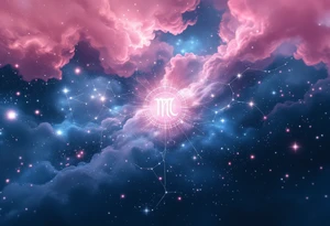 A pink and navy ombré sky holds the Cancer constellation with a silver zodiac glyph glowing at its center. tattoo idea