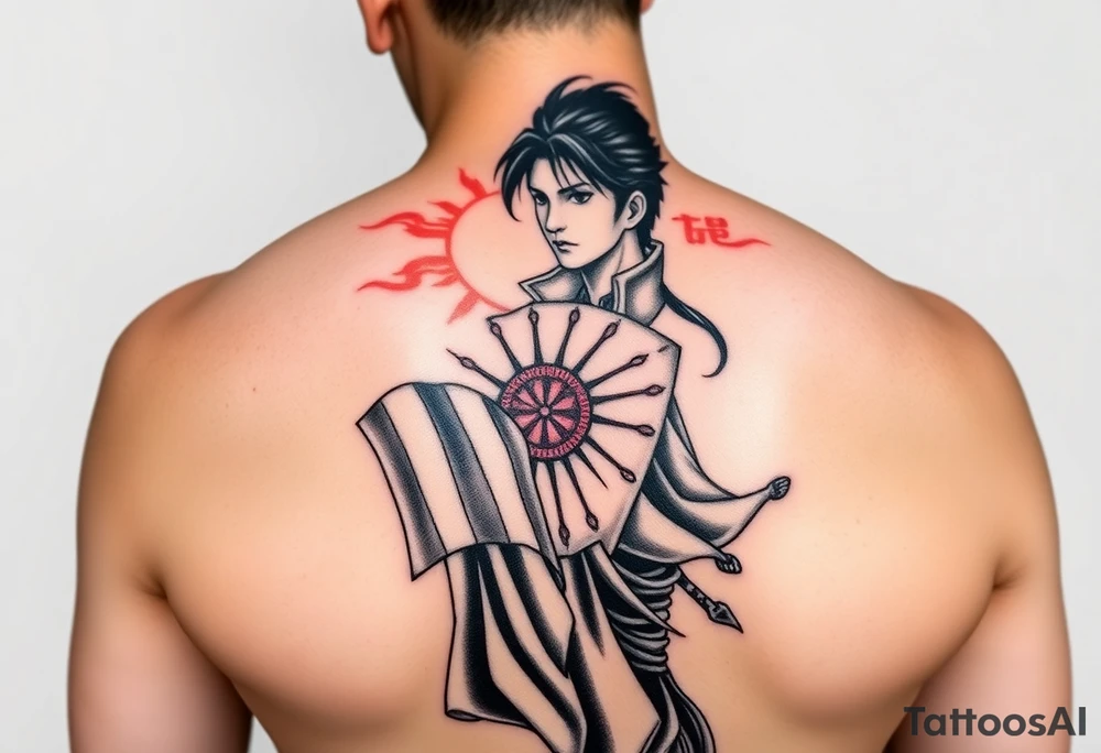 ryo hazuki together with shenhua ling from shenmue video game with ancient raising sun japanese flag, identic look, style and clothes as in video game, text: シェンム, contrast colors, forearm and mid size tattoo idea