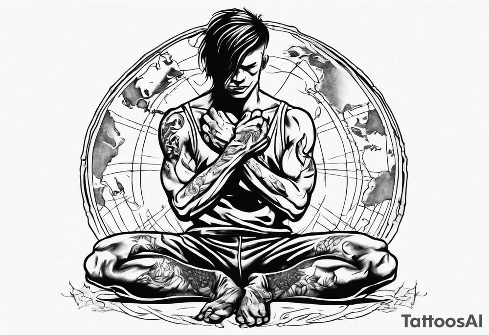 Peaceful warrior kneeling down on one knee. One hand is feeding the weak. One hand is holding the world up. tattoo idea