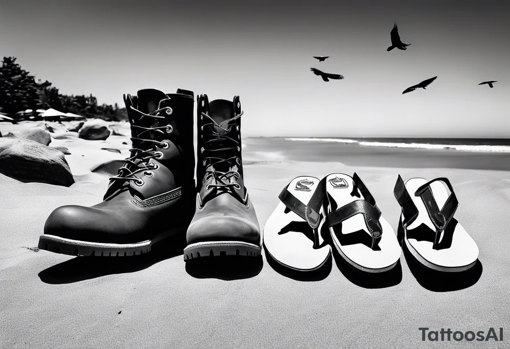 Two flip flops next to a pair of timberland boots on the Beach. ADD a cowboyhat tattoo idea