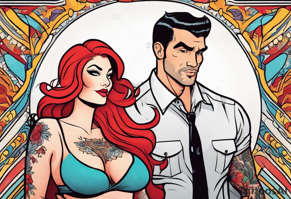 Busty Red haired woman with tall  black haired man tattoo idea