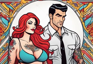 Busty Red haired woman with tall  black haired man tattoo idea