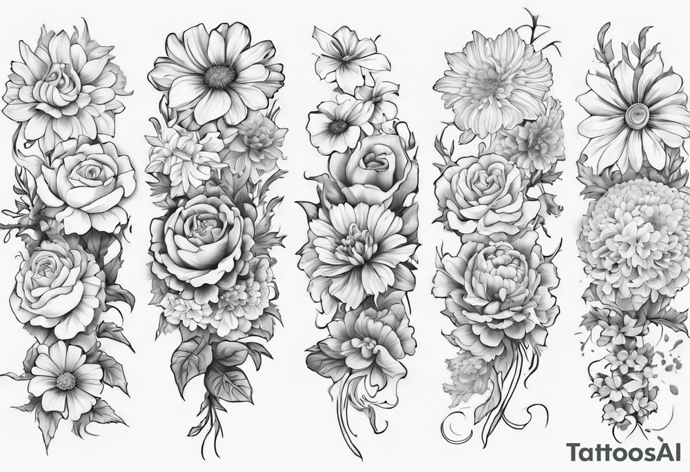 a sleeve tattoo of Marigold flowers, Cosmos flowers, Chrysanthemum flowers, Narcissus flowers, Holly flowers, roses and honeysuckles. tattoo idea