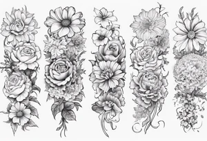 a sleeve tattoo of Marigold flowers, Cosmos flowers, Chrysanthemum flowers, Narcissus flowers, Holly flowers, roses and honeysuckles. tattoo idea