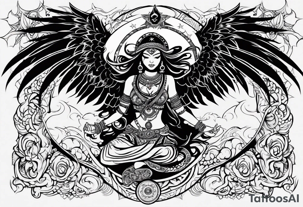 black kali, goddess pirate, alien, angel, pachamama, valkrye, warrior, flying, skull, lotus azul, wing, eagle, zenza resonance, stars, 5D, anahata chakra, death, durga, riding on a tiger, flying lady tattoo idea