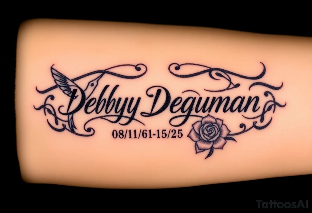 Tattoo of the name Debby Deguzman in chunky bold curly cursive with the exact dates of 08/17/61-05/29/25 surrounded by 1 hummingbird and 1 rose tattoo idea