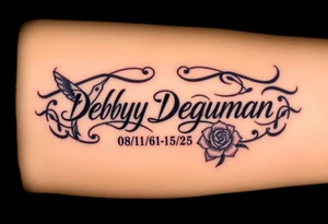 Tattoo of the name Debby Deguzman in chunky bold curly cursive with the exact dates of 08/17/61-05/29/25 surrounded by 1 hummingbird and 1 rose tattoo idea
