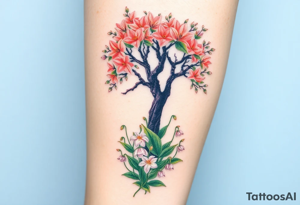 Lilly of the vally bell plants on the ground underneath a majestic blooming hawthorn tree tattoo idea