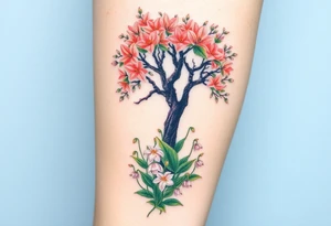 Lilly of the vally bell plants on the ground underneath a majestic blooming hawthorn tree tattoo idea