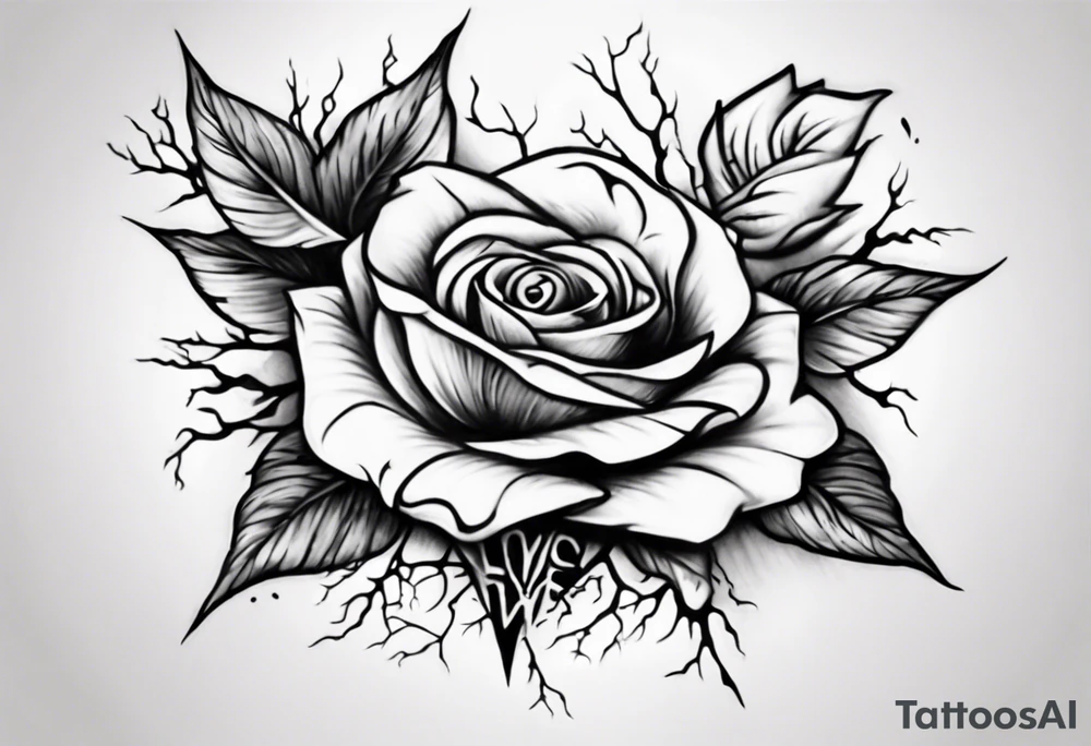 a forearm tattoo with a rose and roots underneath that spell love tattoo idea