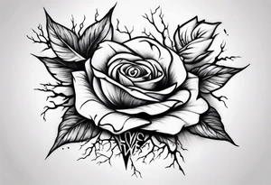 a forearm tattoo with a rose and roots underneath that spell love tattoo idea