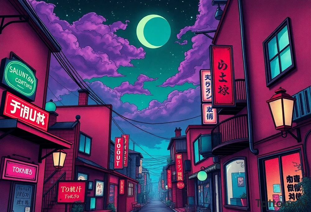 Tim Burton’s haunted pastel Tokyo apartment from the street view is littered in neon signs and dripping with muted reds, dusty pinks, and eerie green glow.purple and cyan smokey clouds swirl in the crescent moonlit sky thats sprinkled with stars tattoo idea tattoo idea