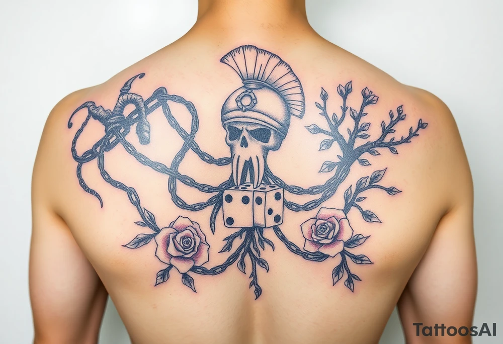 Squid and spartan and sailor hat combined with chains, tree roots, cherry blossoms and roses rolling dice tattoo idea