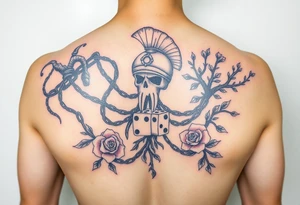 Squid and spartan and sailor hat combined with chains, tree roots, cherry blossoms and roses rolling dice tattoo idea