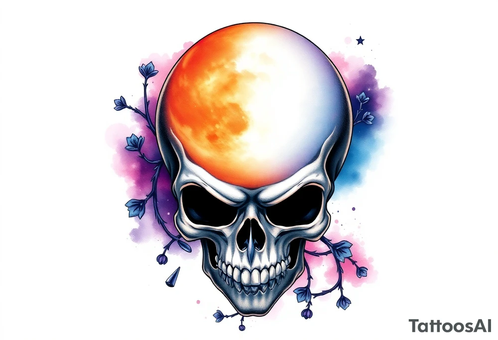 gothic skull as the moon and life as the sun. intertwined with climbing  vines as space dust connecting planets and galaxy in background of skull really bright colors used for the planets and stars shade's of Purple, Blue and black as the backdrop for galaxy tattoo idea