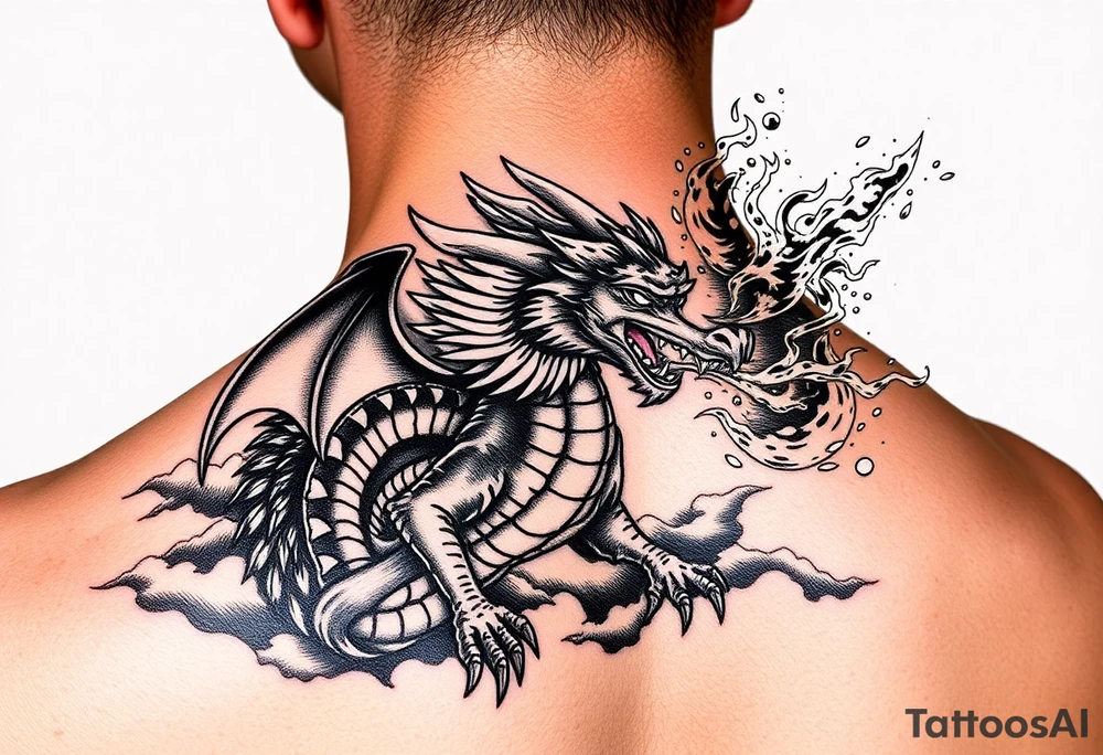 fierce dragon breathing iridescent fire against stormy skies tattoo idea