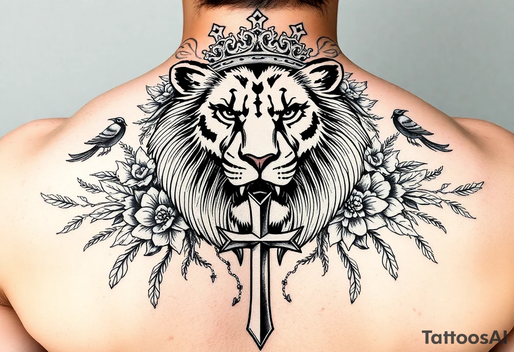powerful majestic lion with a King crown, surrounded by floral oranaments and birds with a cross brought to backwards to seemingly fit and match tattoo idea