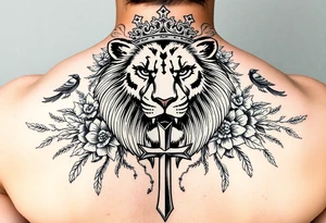 powerful majestic lion with a King crown, surrounded by floral oranaments and birds with a cross brought to backwards to seemingly fit and match tattoo idea