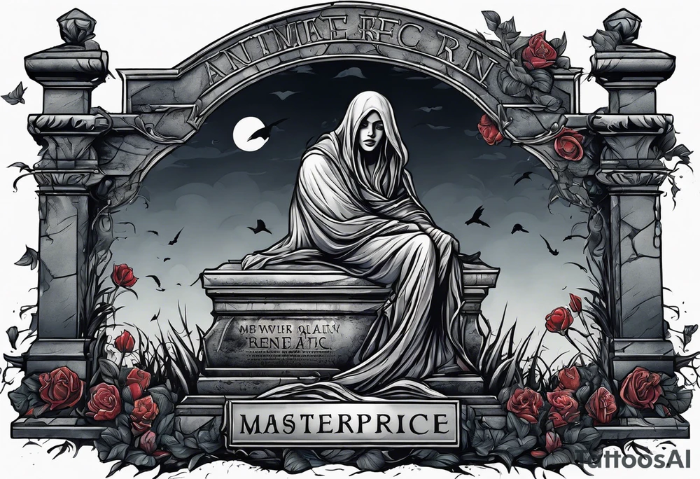 Person emerging from grave. 
MIW Reincarnate written on gravestone tattoo idea