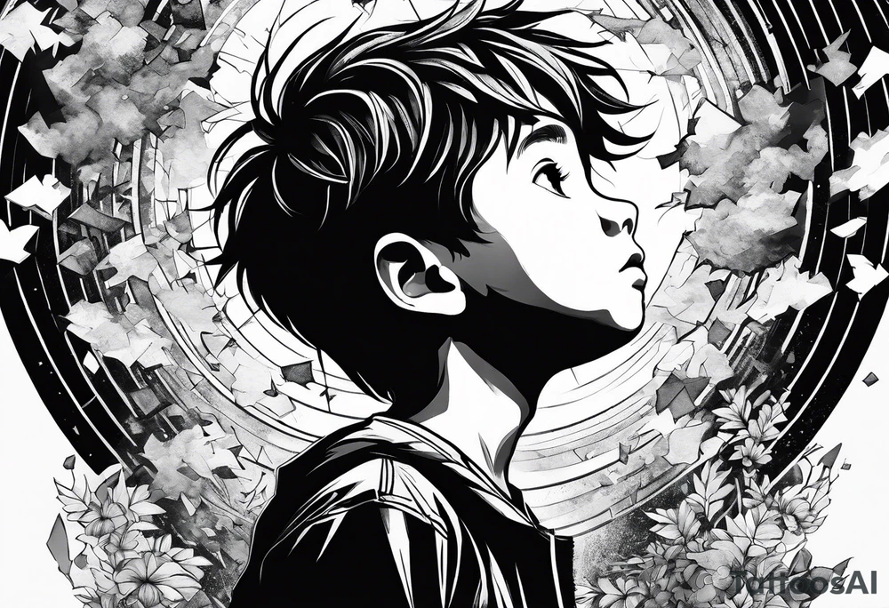 boy looking up into the sky, the boy is made of broken pieces tattoo idea