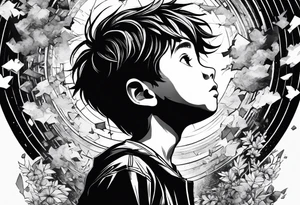 boy looking up into the sky, the boy is made of broken pieces tattoo idea