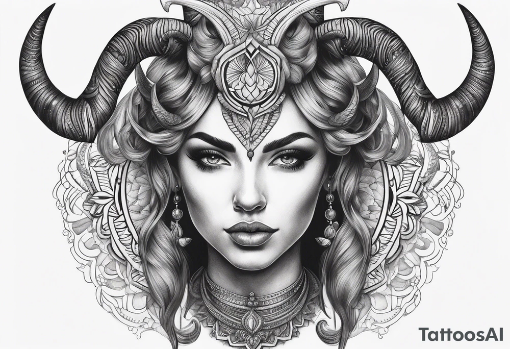 symmetrical woman head with curved horns facing downwards dark realism looking front facing view tattoo idea