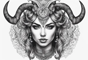 symmetrical woman head with curved horns facing downwards dark realism looking front facing view tattoo idea