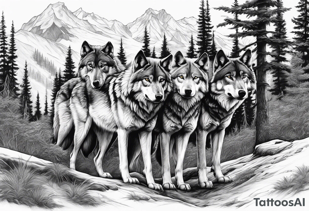 Wilderness large wolf scene with the dad wolf protecting the pack tattoo idea