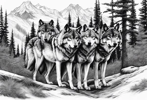 Wilderness large wolf scene with the dad wolf protecting the pack tattoo idea