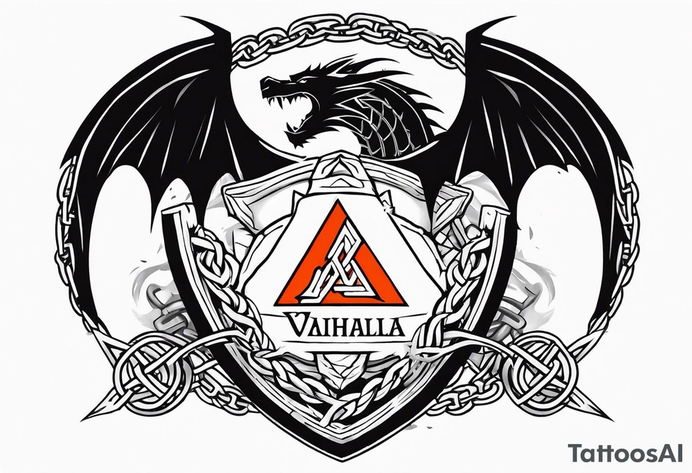Valhalla sword shield dragon axe Valknut barbed wire chains fire tattoo idea Valhalla sword shield dragon axe Valknut barbed wire chains fire tattoo idea