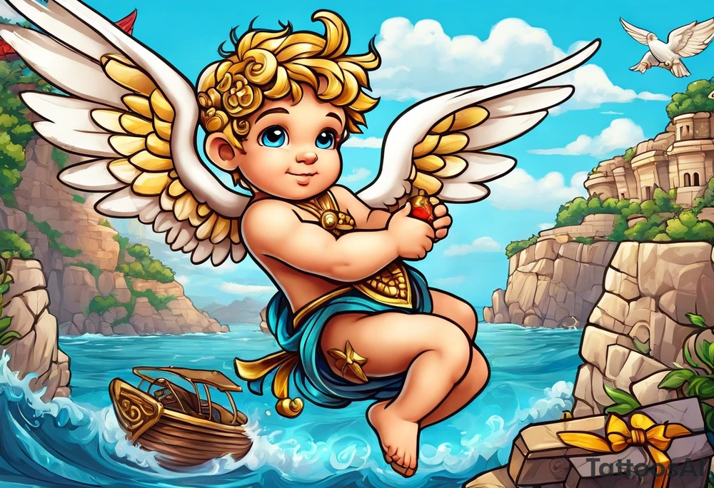Cupido  fly boy with wings, background sea, ancient rome gods tattoo idea