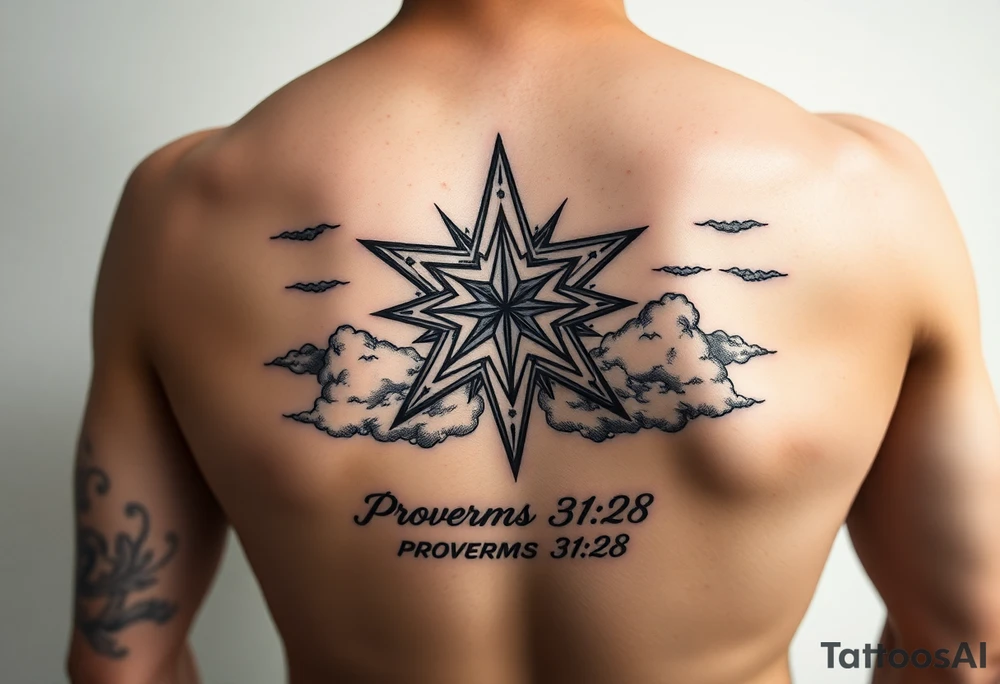 Vadline large print on fore arm hot dog direction hyper realistic star with clouds and subtext underneath is the quote proverbs 31:28 from the bible tattoo idea