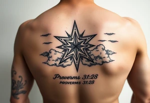 Vadline large print on fore arm hot dog direction hyper realistic star with clouds and subtext underneath is the quote proverbs 31:28 from the bible tattoo idea