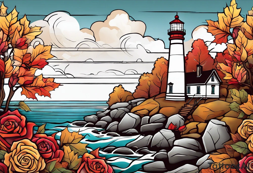 thigh placement in fall colors, showing, light house, water, rocks, sky, clouds, leaves, roses tattoo idea