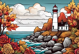 thigh placement in fall colors, showing, light house, water, rocks, sky, clouds, leaves, roses tattoo idea