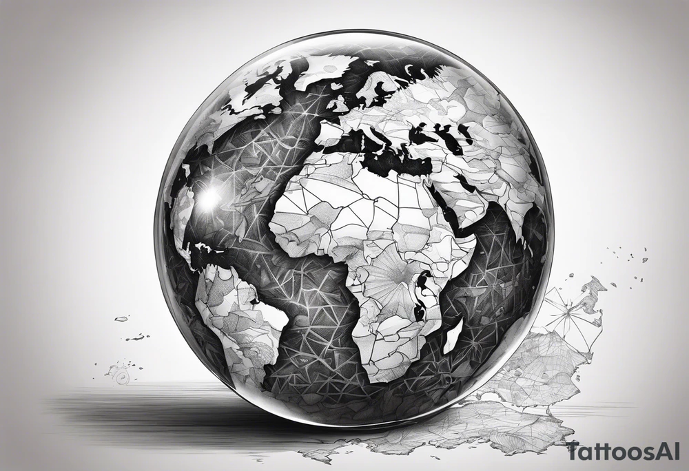 world map breaking like glass ball tattoo idea