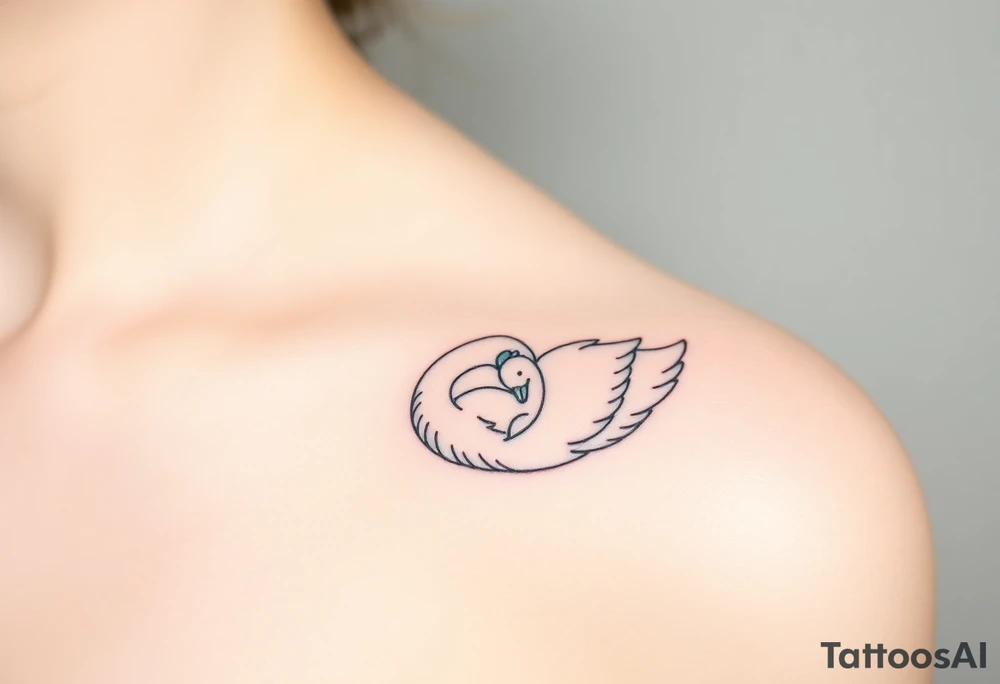 A swan with her baby nestled in her wings, in soft white and light blue hues, symbolizing purity and warmth tattoo idea