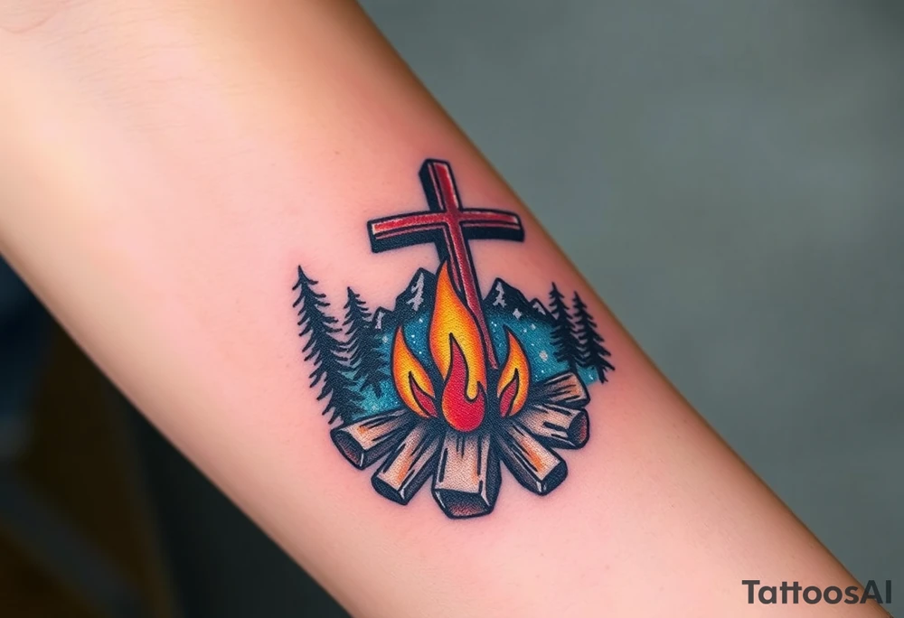 Campfire with cross include the great outdoors and night sky make sure cross doesn't look like it is on fire tattoo idea