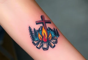 Campfire with cross include the great outdoors and night sky make sure cross doesn't look like it is on fire tattoo idea