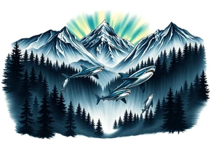 forest mountains under the northen lights with sharks in the shape of africa tattoo idea