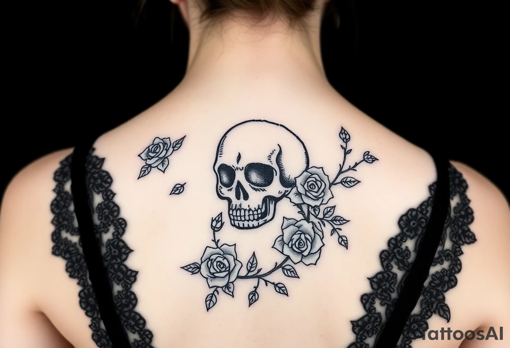 gothic skull intertwined with climbing roses and thorny vines tattoo idea