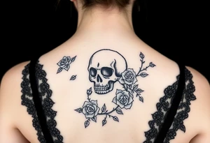 gothic skull intertwined with climbing roses and thorny vines tattoo idea