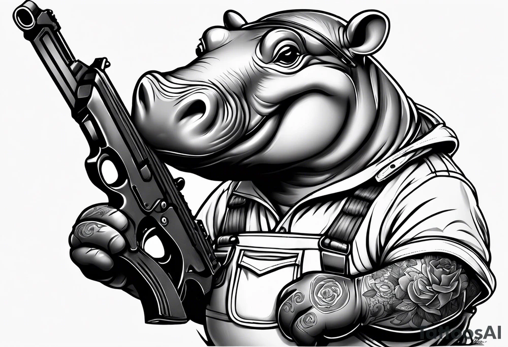 Baby hippo wearing overalls and holding a gun tattoo idea