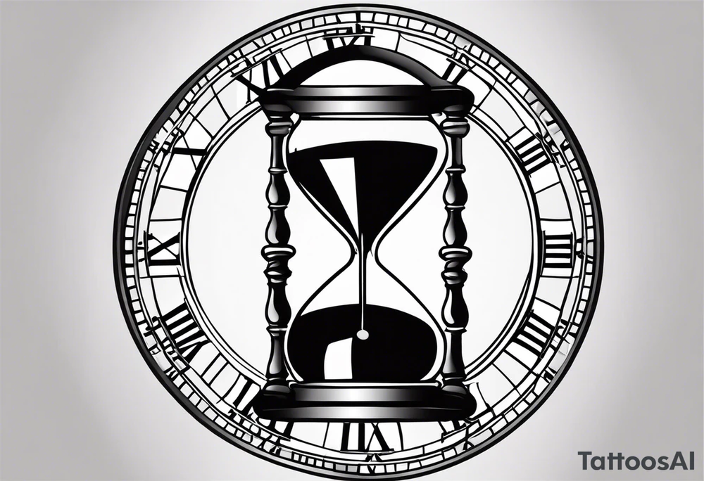 draw a clock/hourglass. They are surrounded by Roman numerals. It is a black and white tattoo for the right shoulder of a man tattoo idea