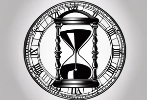 draw a clock/hourglass. They are surrounded by Roman numerals. It is a black and white tattoo for the right shoulder of a man tattoo idea