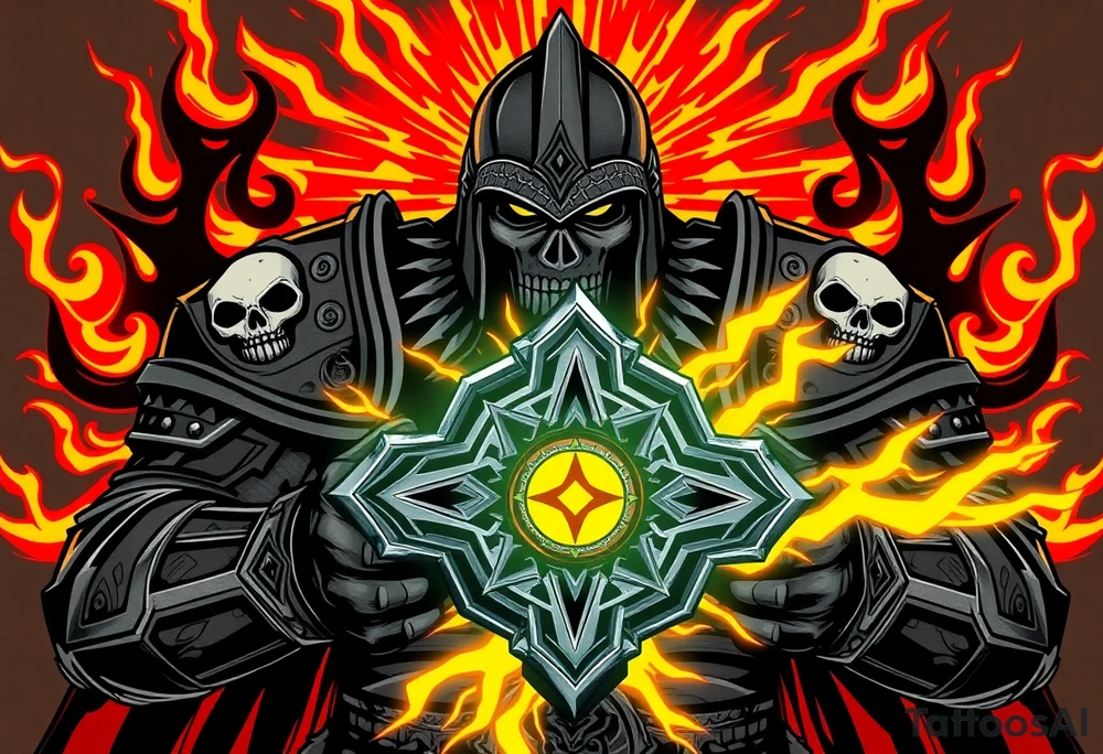 Warhammer, the Old World. A warrior priest of Sigmar holding The Warhammer of Sigmar. The Warhammer of Sigmar is radiating thunderous energy. The Warhammer is held by the warrior priest with both hands upon his chest level. The Warrior priest is wearing dark alloyed heavy armour with skull sigils on his shoulder pads. The warrior priest is wearing a helmet, while the helmets front visor has an humanoid face covering. The helmet and armour are gladened with hints of gold and crimson red. tattoo idea