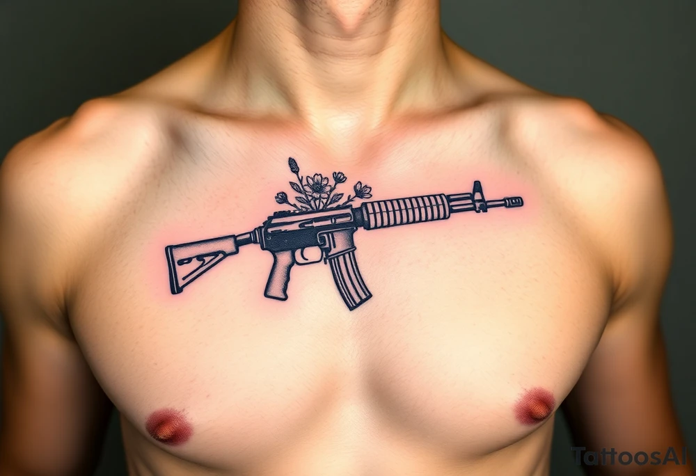 ak 47 black silhouette with floreal details tattoo idea