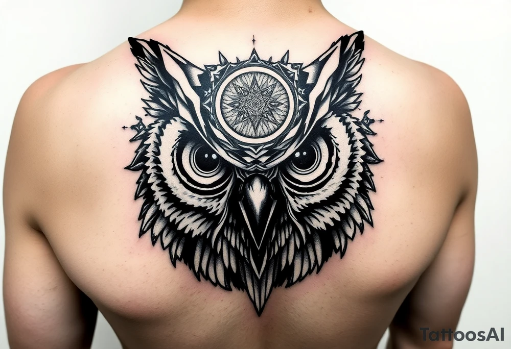 Owl head with large intense tripping on acid colored eyes without pupils, cyberpunk style  and geometry and glowing circle on the forheadl tattoo idea